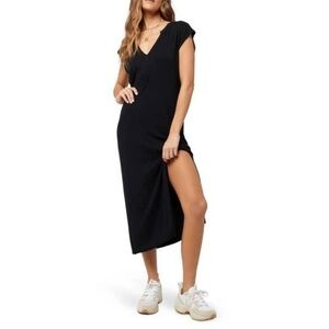 L Space Robyn Ribbed Midi Dress V-neck with Side Slit Split Casual Black Small